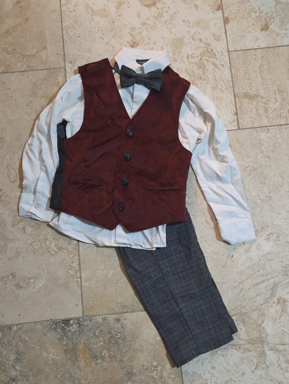 Nautica Boys 4-Piece Suit Set | Size 6 | Plaid Slacks, White Shirt, Vest & Bow